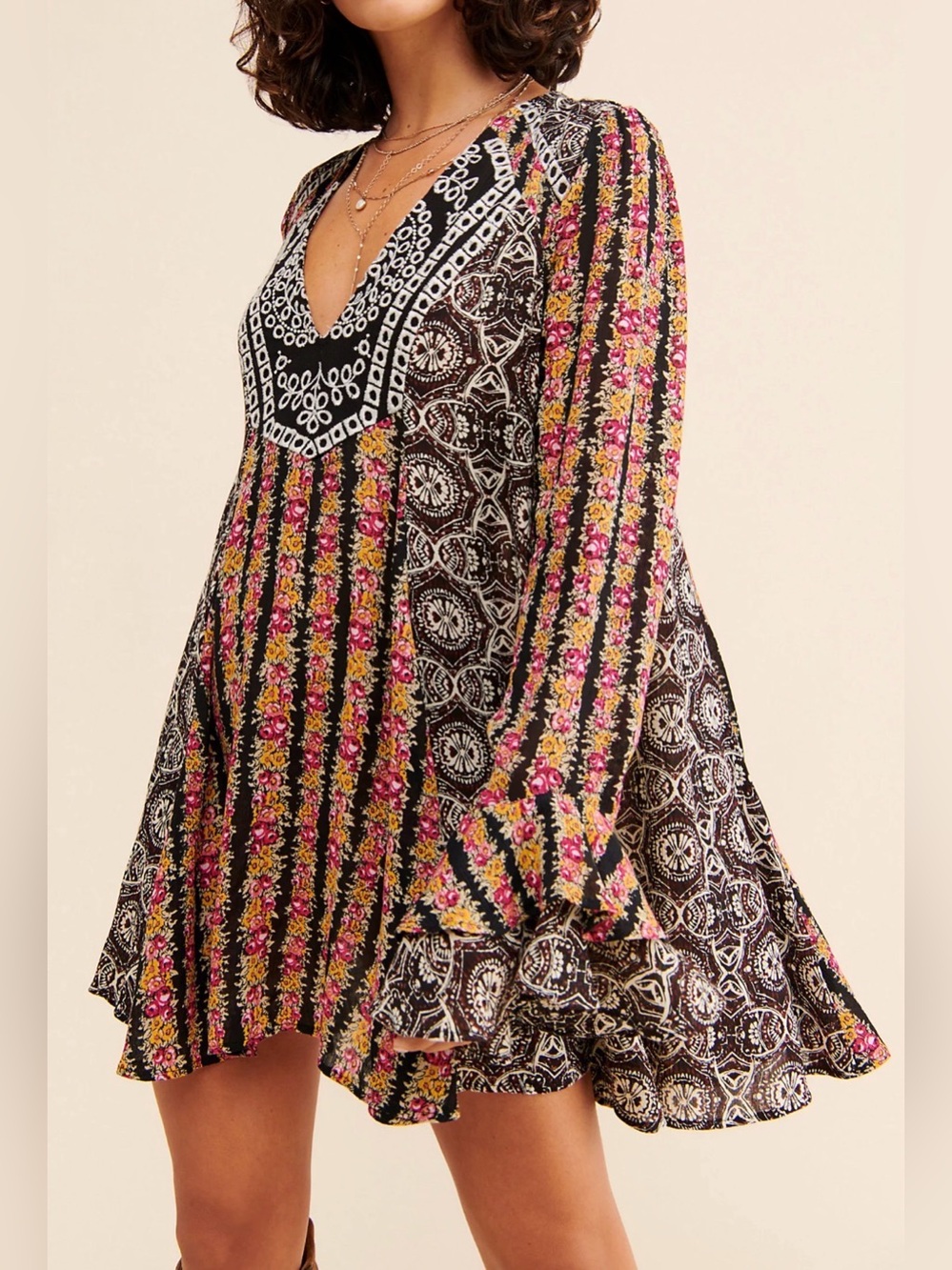 Free People Falling into you Boho Floral V-Neck Tunic baby doll dress - Picture 3 of 9